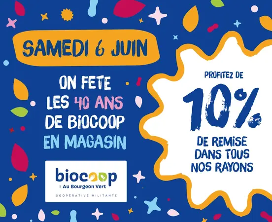 [40 ans Biocoop] Une remise exceptionnelle de 10% dans tous nos rayons le samedi 6 juin !